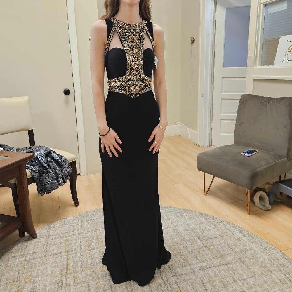 Size 00 Black long high neck cut out jersey with beaded/rhinestone bodice gown